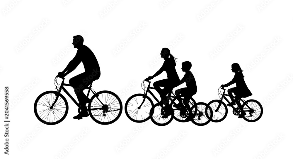 Fototapeta premium Silhouette of a family riding bicycles together outdoors.