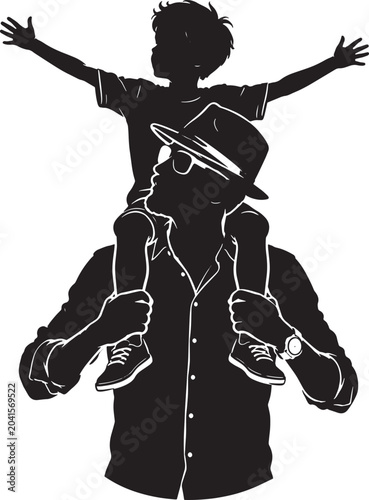 Happy Father Carrying Child on Shoulders Silhouette Family Bond Vector Illustration