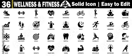 Bild auf Leinwand Wellness and fitness solid icons for a healthy lifestyle and exercise vector collection