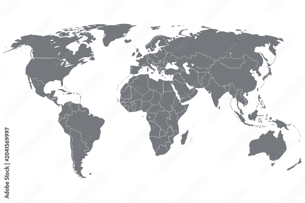 Fototapeta premium Flat grey silhouette of the map featuring all continents and major islands isolated on a plain white background for and cartography projects