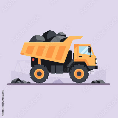 Canvas Print A large, yellow dump truck is filled with dark rocks and stones