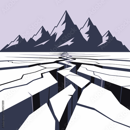 A graphic illustration of a cracked surface with mountains in the background
