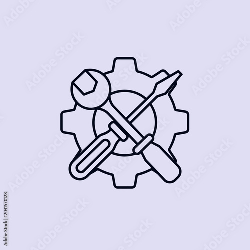 A gear with tools, a wrench and screwdriver, on a light purple background