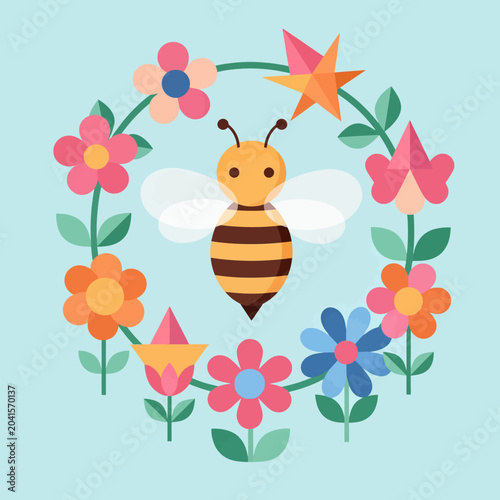 A cute cartoon bee surrounded by colorful flowers on a light blue background