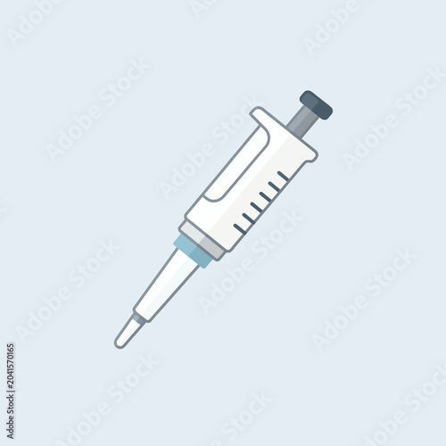 A white and blue laboratory pipette on a light blue background
