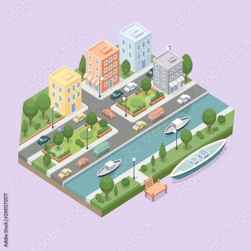 An isometric view of a small town with a flowing river