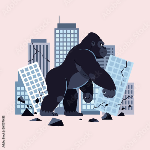 Vászonkép A large ape destroys buildings in a city with a pink background
