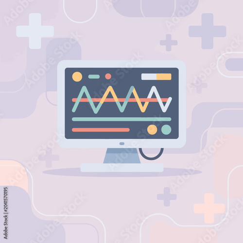 A medical monitor displays vital signs with colorful, abstract graphical