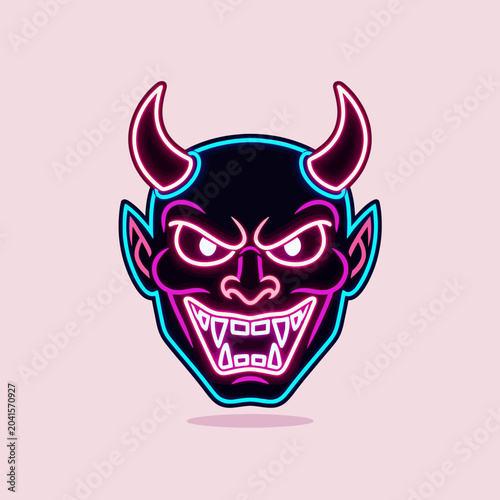 Φωτογραφία A neon illustration of a devil face with horns and a sinister grin