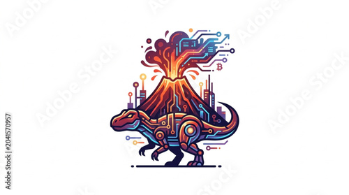 Foto Robot dinosaur with volcano erupting digital smoke.