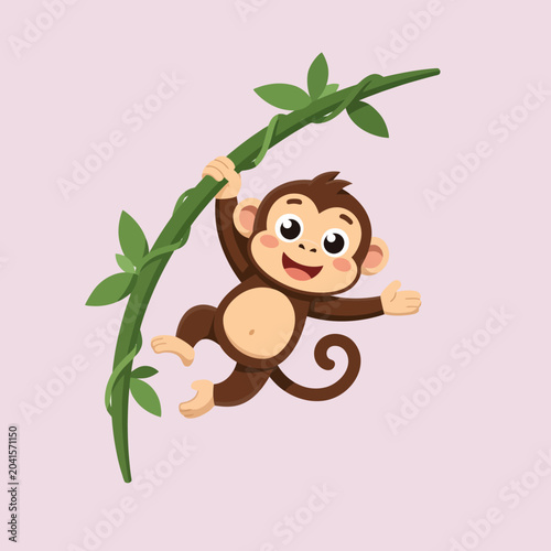 Photography A cartoon monkey swinging from a green vine on a light pink background