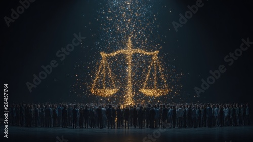 Glowing golden scales of justice materialize above a large assembled group of people in darkness