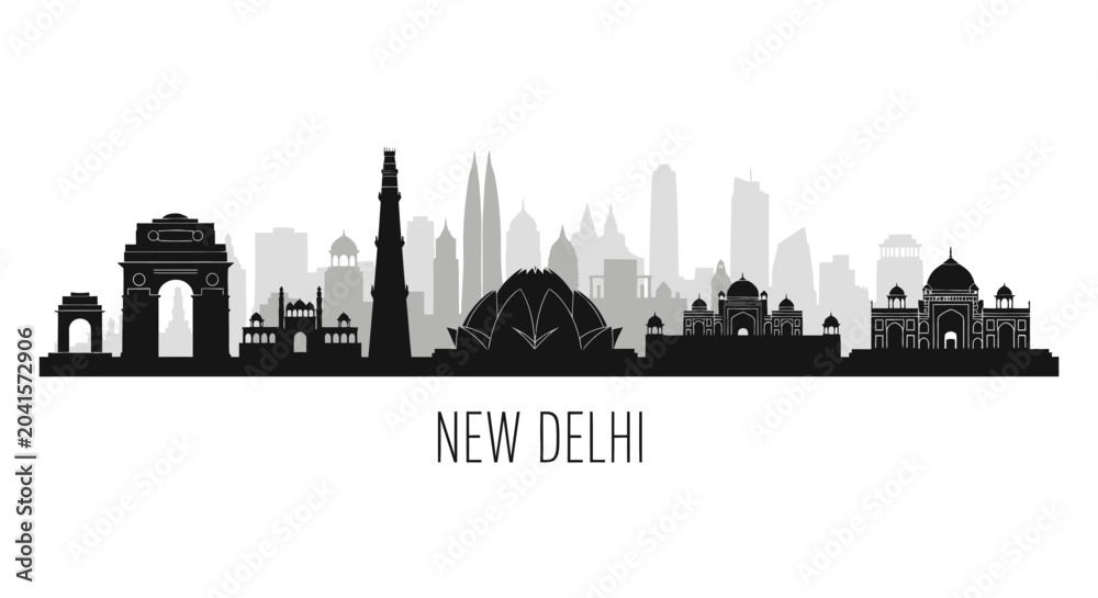 Obraz premium New Delhi Skyline Silhouette: Iconic Landmarks in Black & White