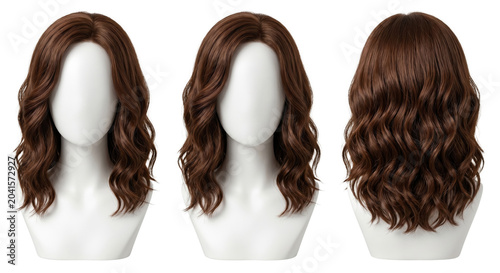 Foto Three views of brown wavy wig on mannequin heads