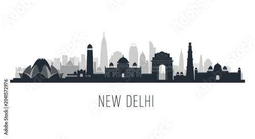 New Delhi skyline silhouette illustration, India landmark, urban cityscape panorama