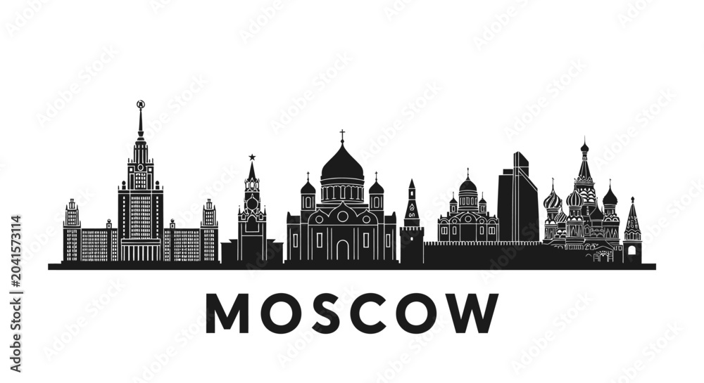 Fototapeta premium Moscow City Skyline Silhouette in Black and White against White Background