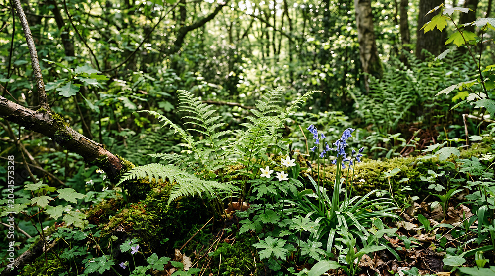 Obraz premium Lush green forest scene with ferns and wildflowers in sunlight.