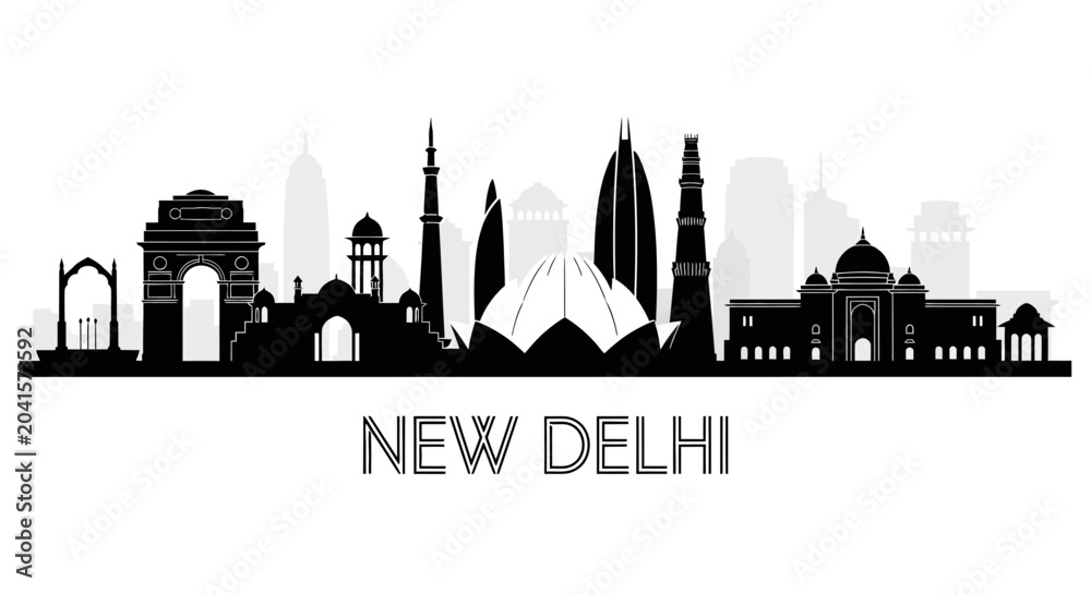 Obraz premium New Delhi Skyline Silhouette: Black and White Illustration
