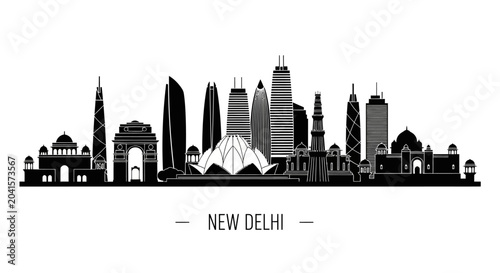 New Delhi Skyline Silhouette: Black and White Illustration