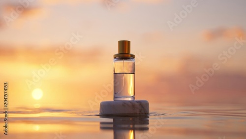 Minimalist perfume bottle on a marble podium in water against a golden sunset sky, luxury cosmetic mock-up, generative AI.