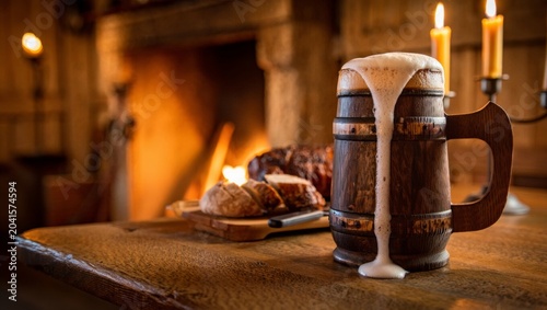 Traditional wooden beer mug with overflowing foam on a tavern table, warm fireplace and food blurred in the background, medieval style, generative AI.