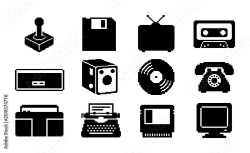 Retro Technology Icons Set, Vintage Gadgets Collection, Old School Devices Vector Graphics for Nostalgic Design Projects