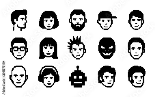 Diverse Pixel Art Avatars, 15 Retro Icons Set, Character Faces Collection, User Profile Icons, Digital Art