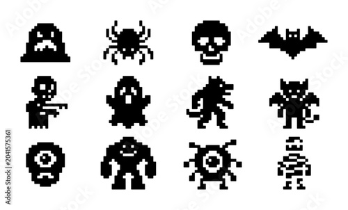 Pixel Art Halloween Monsters Icons Set, Spooky Creatures Vector Graphics, Retro Horror Characters Collection, 12 Black Silhouettes for Digital Design