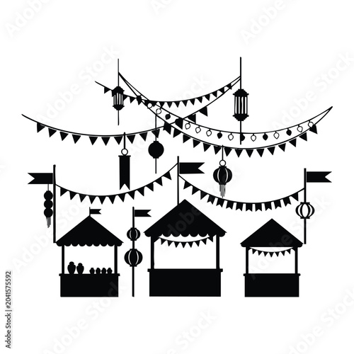 Cuadro en lienzo Booths at a street fair with decorations and lanterns, festival.