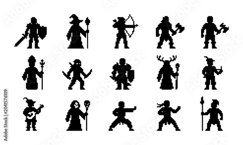Fantasy Game Character Silhouettes, Medieval Warrior Icons, Magical Hero Vector Set, Role-Playing Adventure Figures, 15 Pixel Art Elements