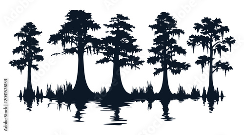 Southern Swamp Cypress Trees Line with Water Reflection Silhouette Vector