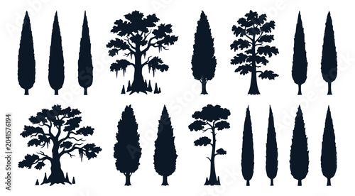 Italian Cypress and Southern Swamp Trees Silhouette Vector Set