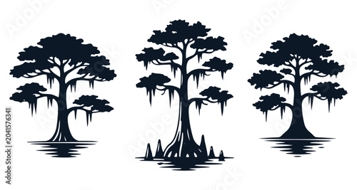 Tableau sur toile Cypress Trees and Live Oaks with Spanish Moss Silhouette Vector Set