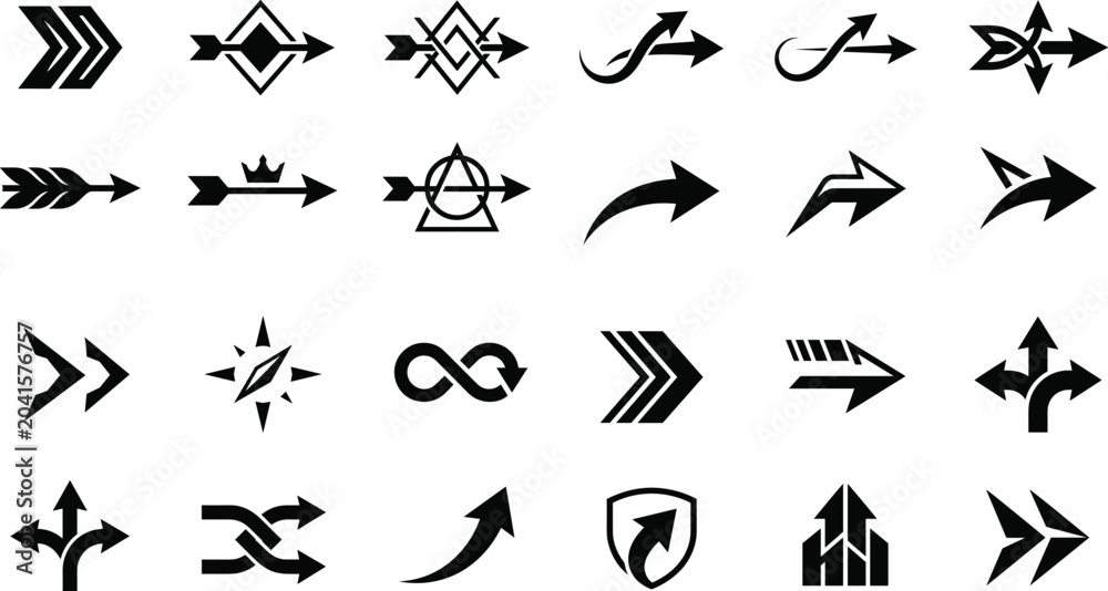 Fototapeta premium Creative Black Arrow Icons Collection with Decorative Geometric and Directional Symbols on White Background