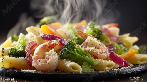 Steaming plate of pasta tossed with colorful vegetables and cooked shellfish is ready to be eaten