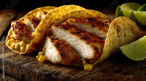 Seasoned white meat slices rest inside crisp corn shells with bright citrus fruit wedges nearby.