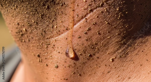 Sweat dripping down human back skin.