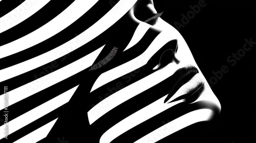 Abstract monochrome portrait depicts facial features obscured by bold contrasting stripes