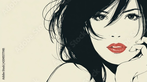 Stylized portrait illustration of a young woman with dark hair and bright lips occupies the right side of the frame