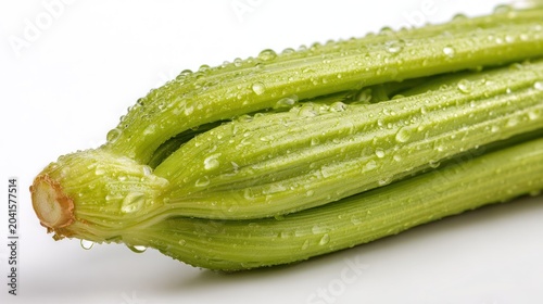Freshly washed celery stalks display glistening droplets of water against a bright background.