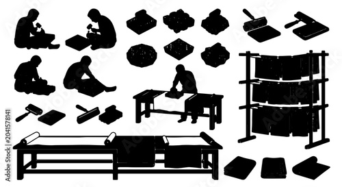 Fotografia Traditional Craftsmanship Vector Icons: Artisans at Work, Tools, and Drying Rack