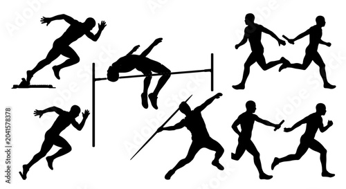 Athletics Silhouettes Collection: Sprinting, Hurdles, Javelin, Relay Race, High Jump, Track and Field Vector Icons for Sports Design
