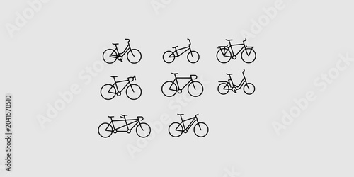 Bild auf Leinwand Icon set collection of various types of bicycles, including road, mountain, tandem, and commuter bikes, simple minimal line art icons