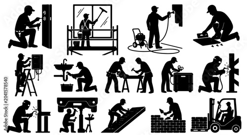 Obraz na płótnie Construction Worker Icons Set, Building Renovation and Repair Silhouettes, Indus