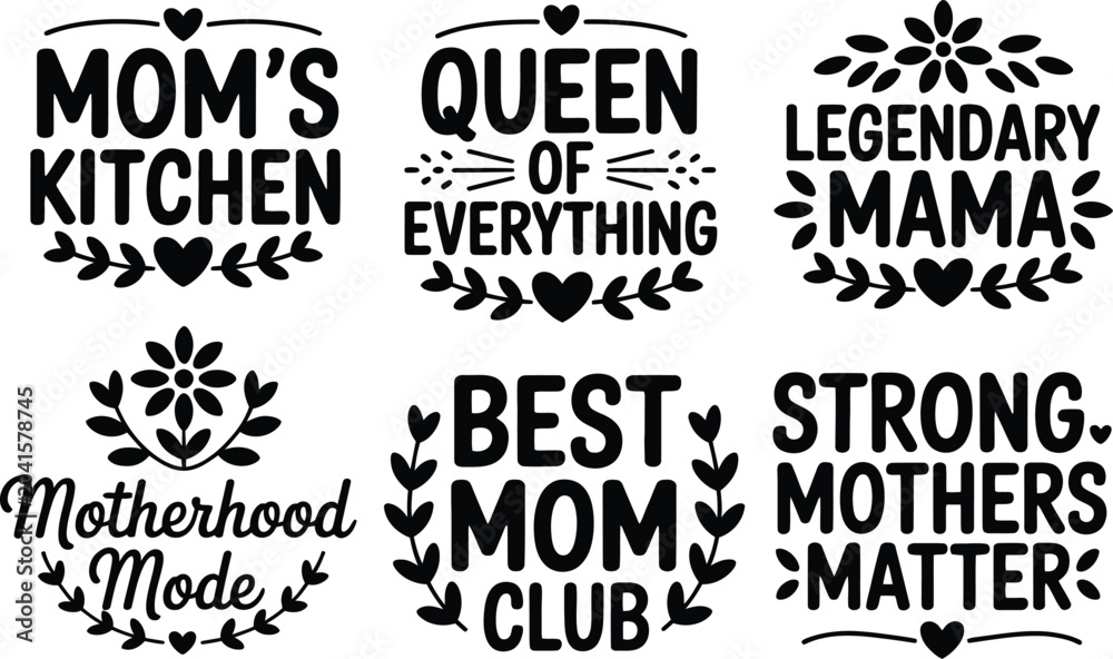 Obraz premium Decorative mom themed typography collection featuring kitchen quotes and supportive phrases framed with floral wreaths and heart motifs for creative mother day projects.