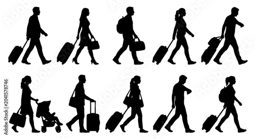 Bild auf Leinwand Diverse Traveler Silhouettes Collection, Airport Passengers with Luggage, Busine