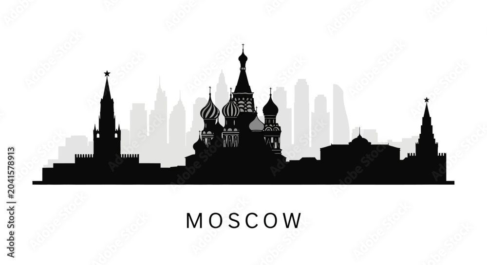 Fototapeta premium Moscow skyline silhouette, St. Basil's Cathedral, travel icon, white background