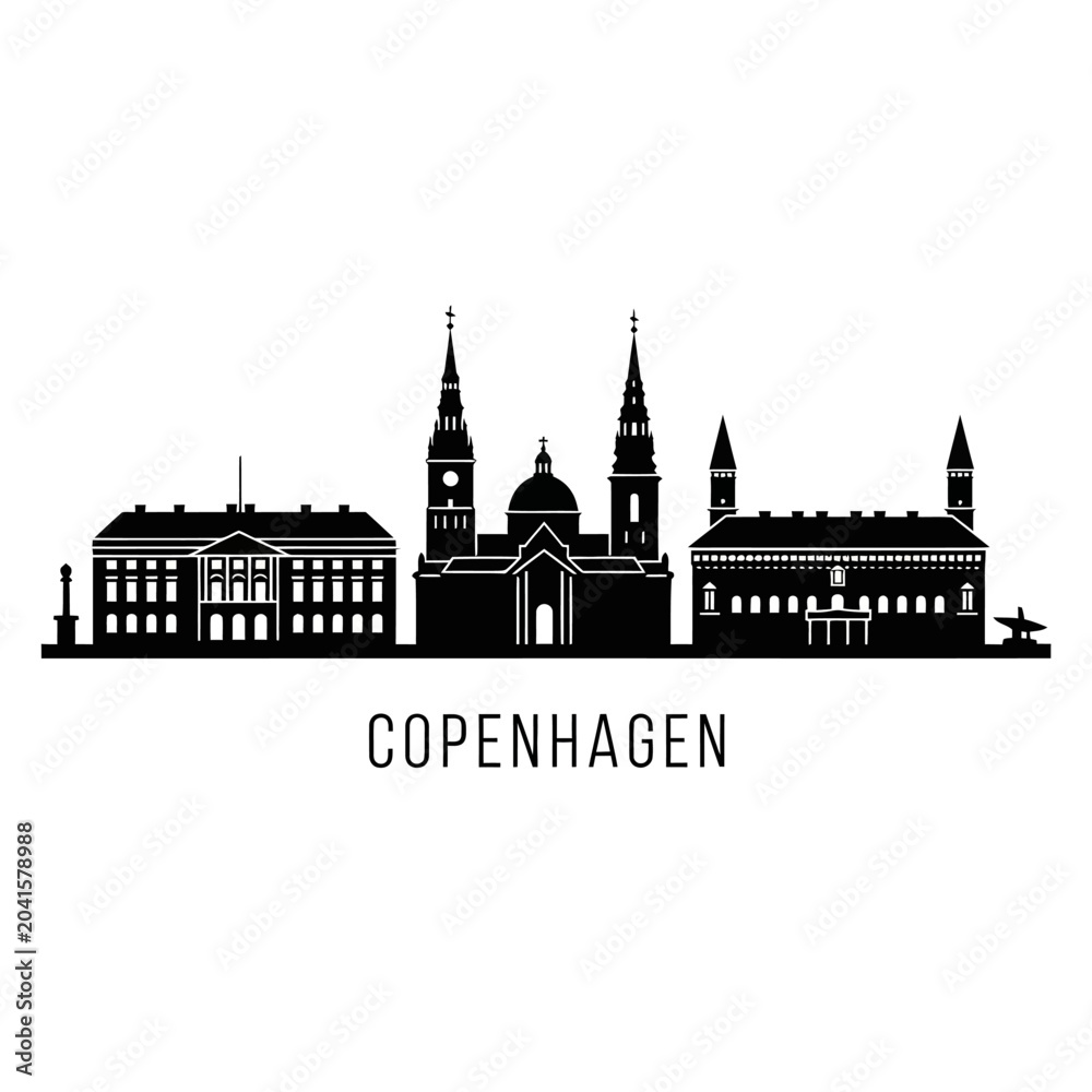 Fototapeta premium Copenhagen Cityscape Silhouette: Iconic Architecture, Black and White Vector