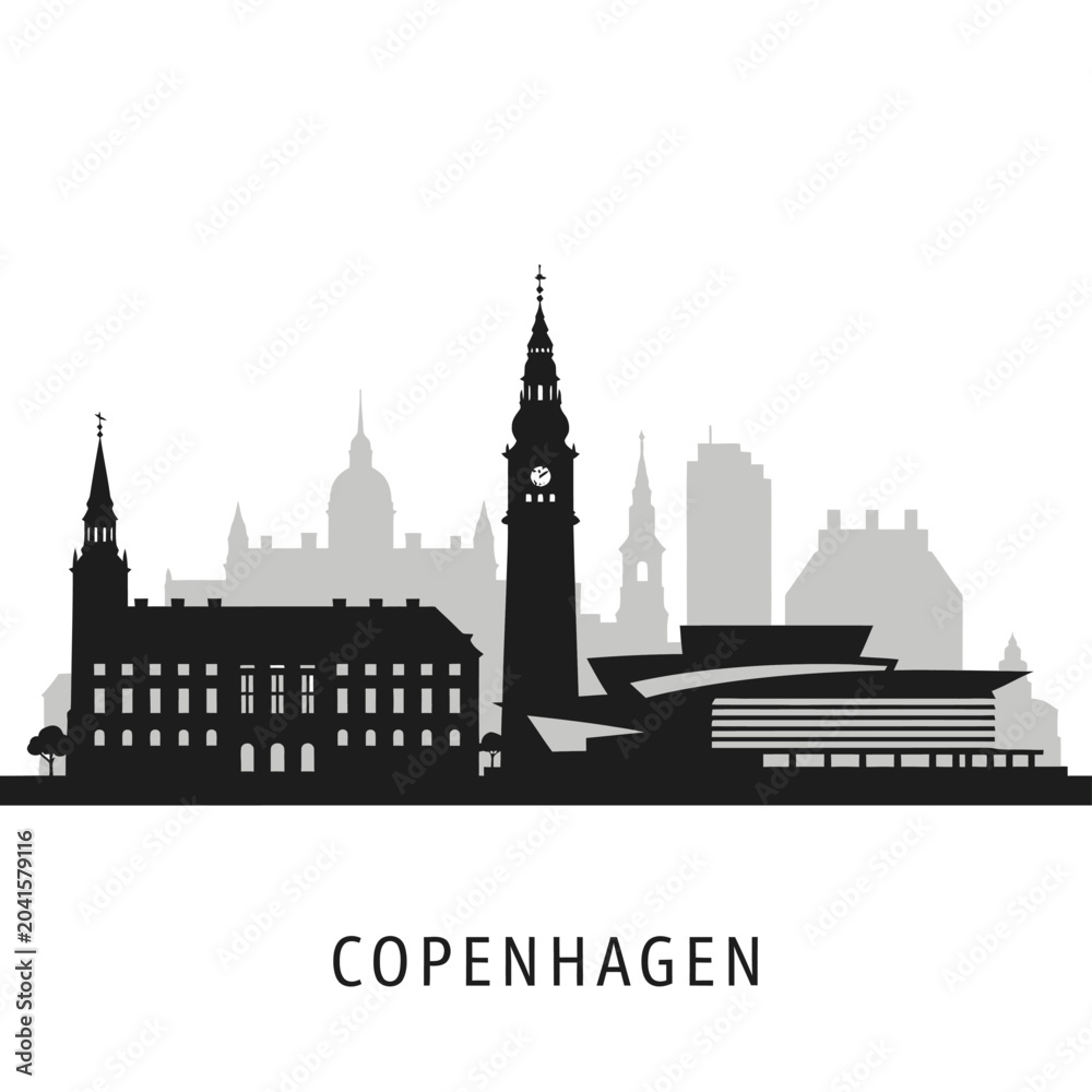 Naklejka premium Copenhagen skyline silhouette illustration, black and white minimal graphic