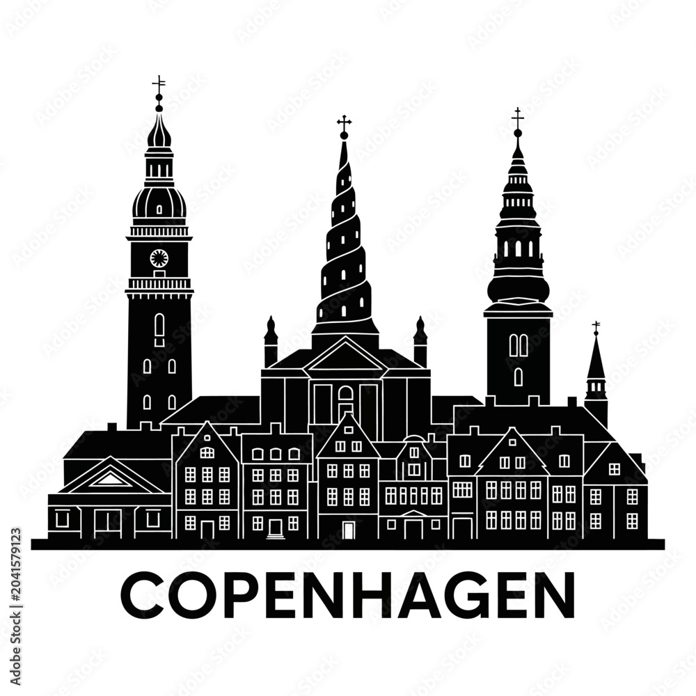 Fototapeta premium Copenhagen skyline silhouette illustration, black and white cityscape